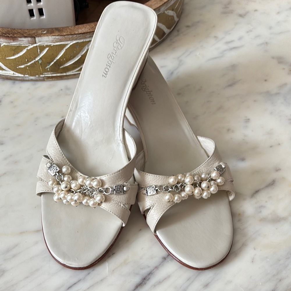 Brighton Cream Mules with Pearl Embellishments